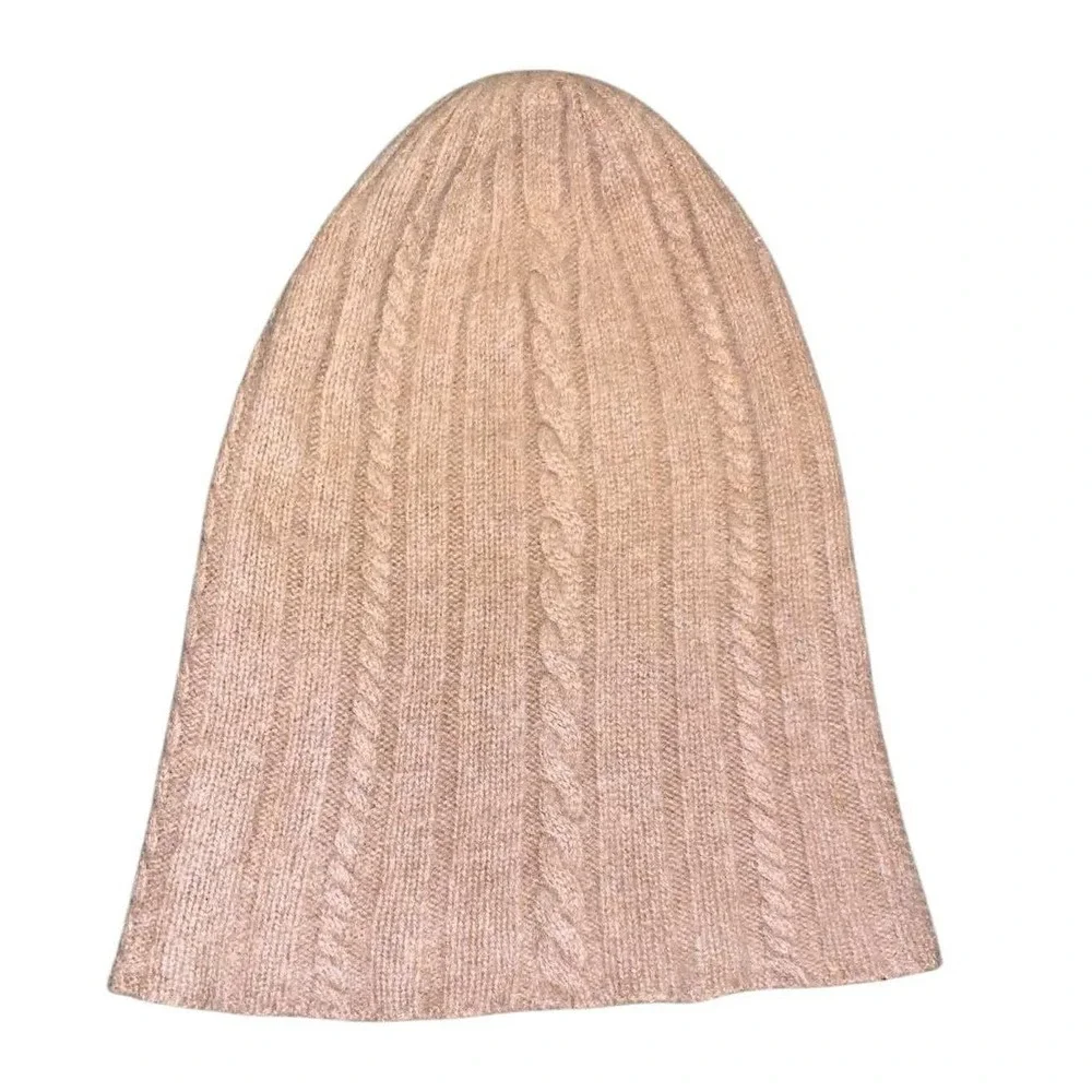 State Cashmere Beanie Hat Unisex OS Tan Cable Knit Ribbed Soft Luxury Winter